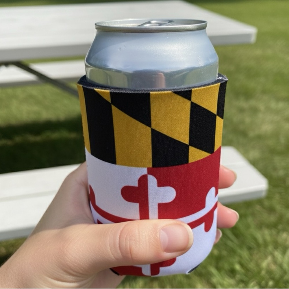 Maryland Flag Lottery Logo Foam drink Koozie Can Cooler‎ Black Yellow Red White